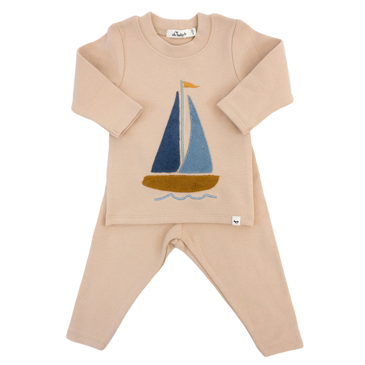 oh baby! Two Piece Set - Sailboat Applique - Almond