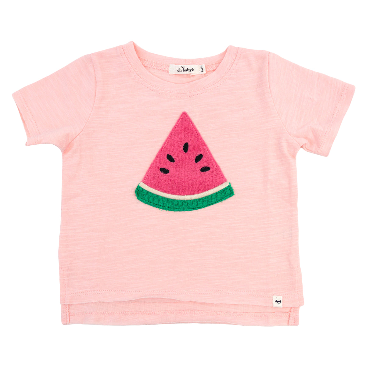 oh baby! Raw Edge Short Sleeve Cotton Slub Tee -Watermelon Applique- Pale Pink