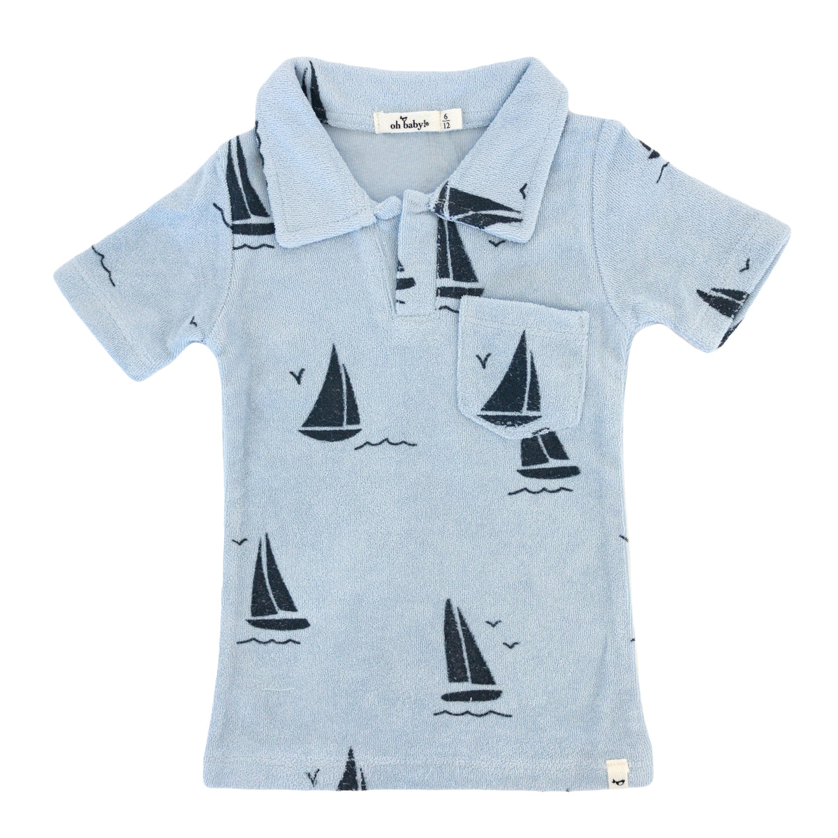 oh baby! Cotton Terry Polo Shirt - Sailboat Print - Sky Blue