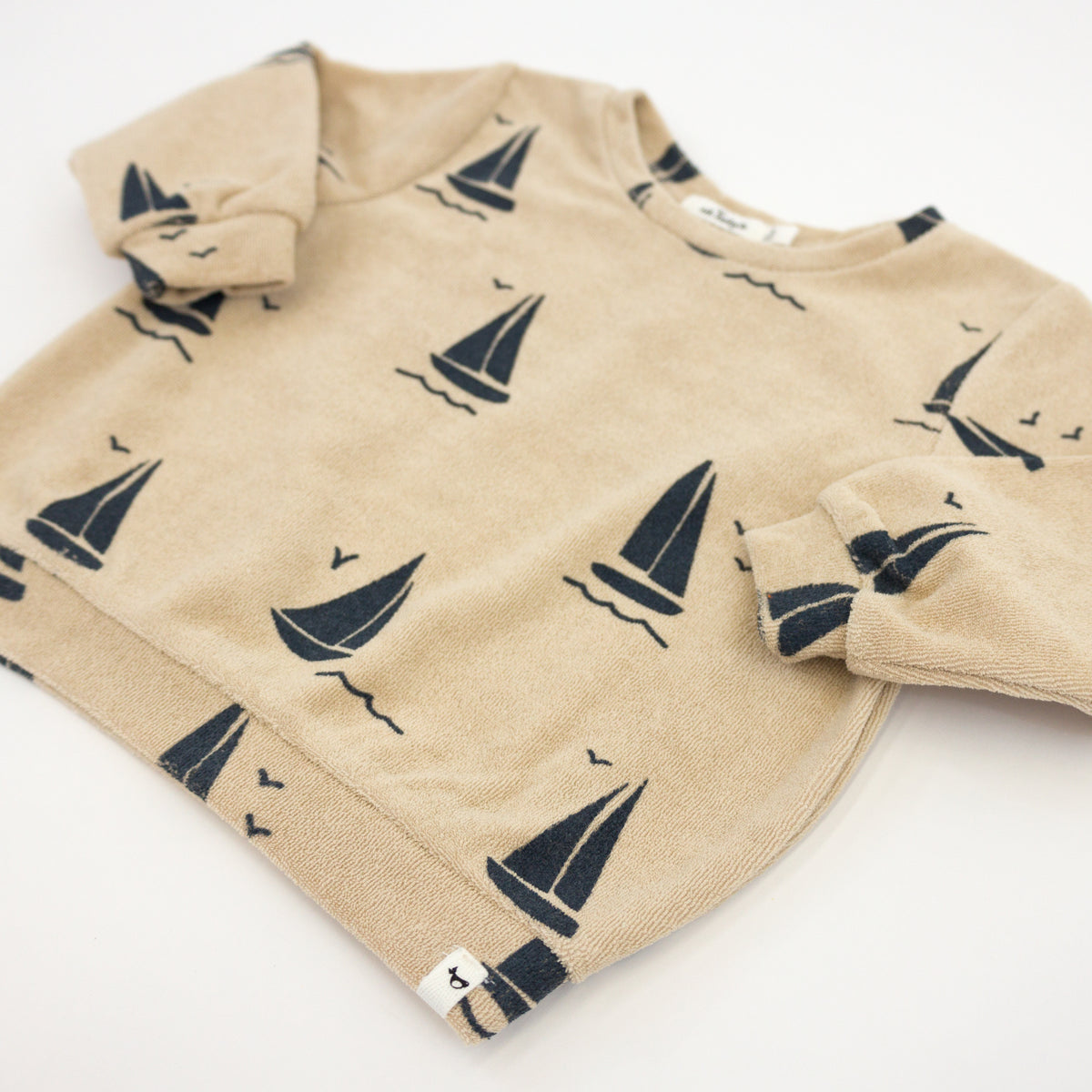 oh baby! Cotton Terry Boxy Sweatshirt - Denim Sailboats Print - Sand