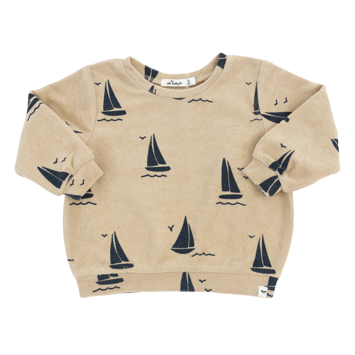 oh baby! Cotton Terry Boxy Sweatshirt - Denim Sailboats Print - Sand