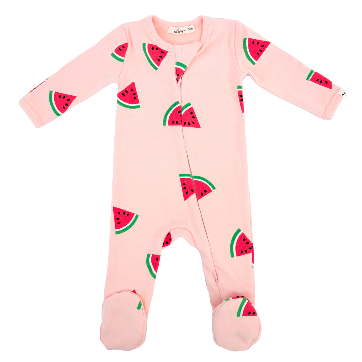 oh baby! Cotton Baby Rib Zipper Footie - Watermelon Print - Pink
