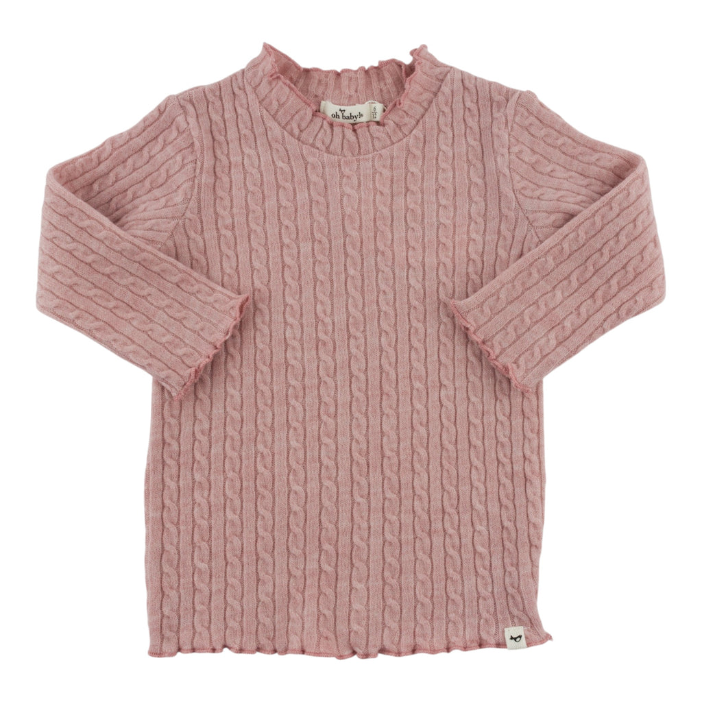 oh baby! Cable Knit Mock Neck Lettuce Edge Long Sleeve Top - Dusty Pin