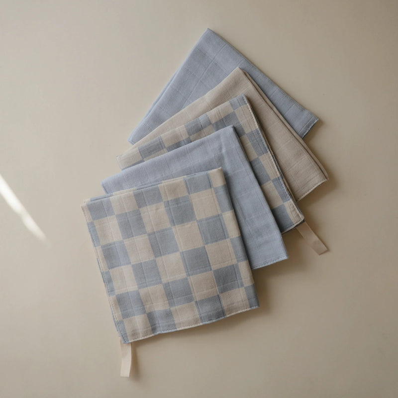 Mushie Muslin Cotton Washcloth 5-Pack - Blue Check