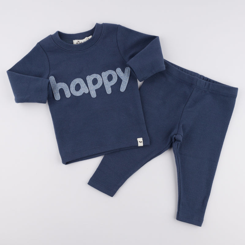 oh baby! Two Piece Set - Fog "happy" Applique - Denim