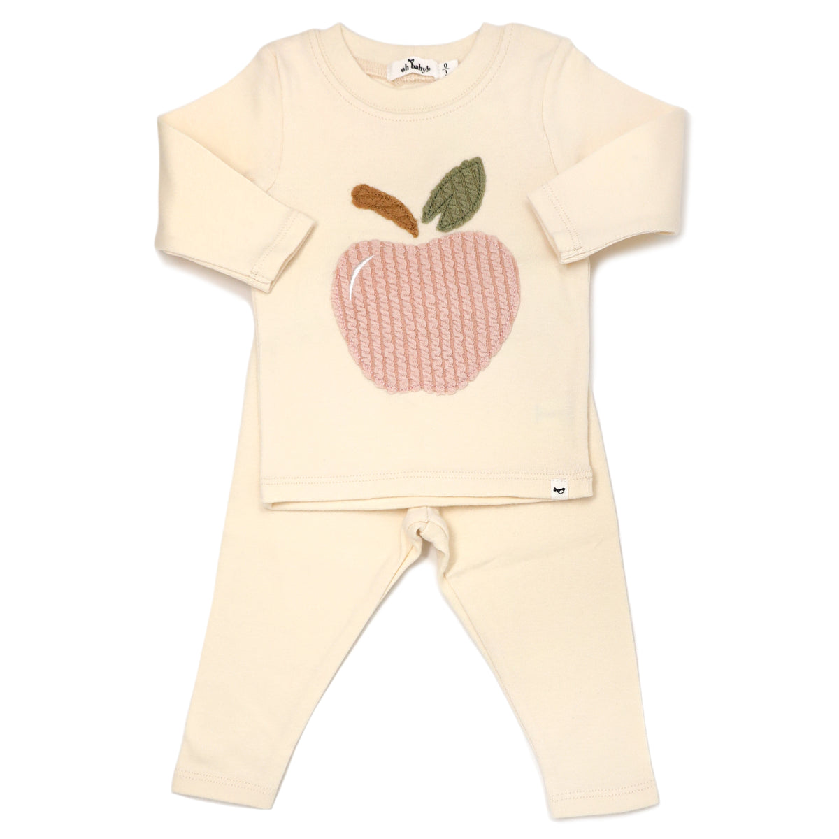 oh baby! Long Sleeve Two Piece Set Ribbed Pink Apple Applique - Vanilla
