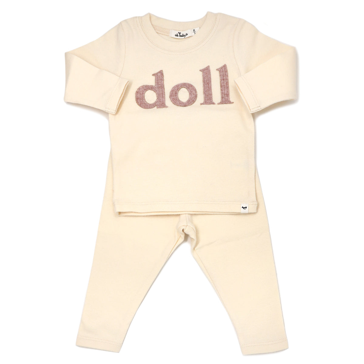 oh baby! Long Sleeve Two Piece Set Ribbed "doll" Applique  - Vanilla