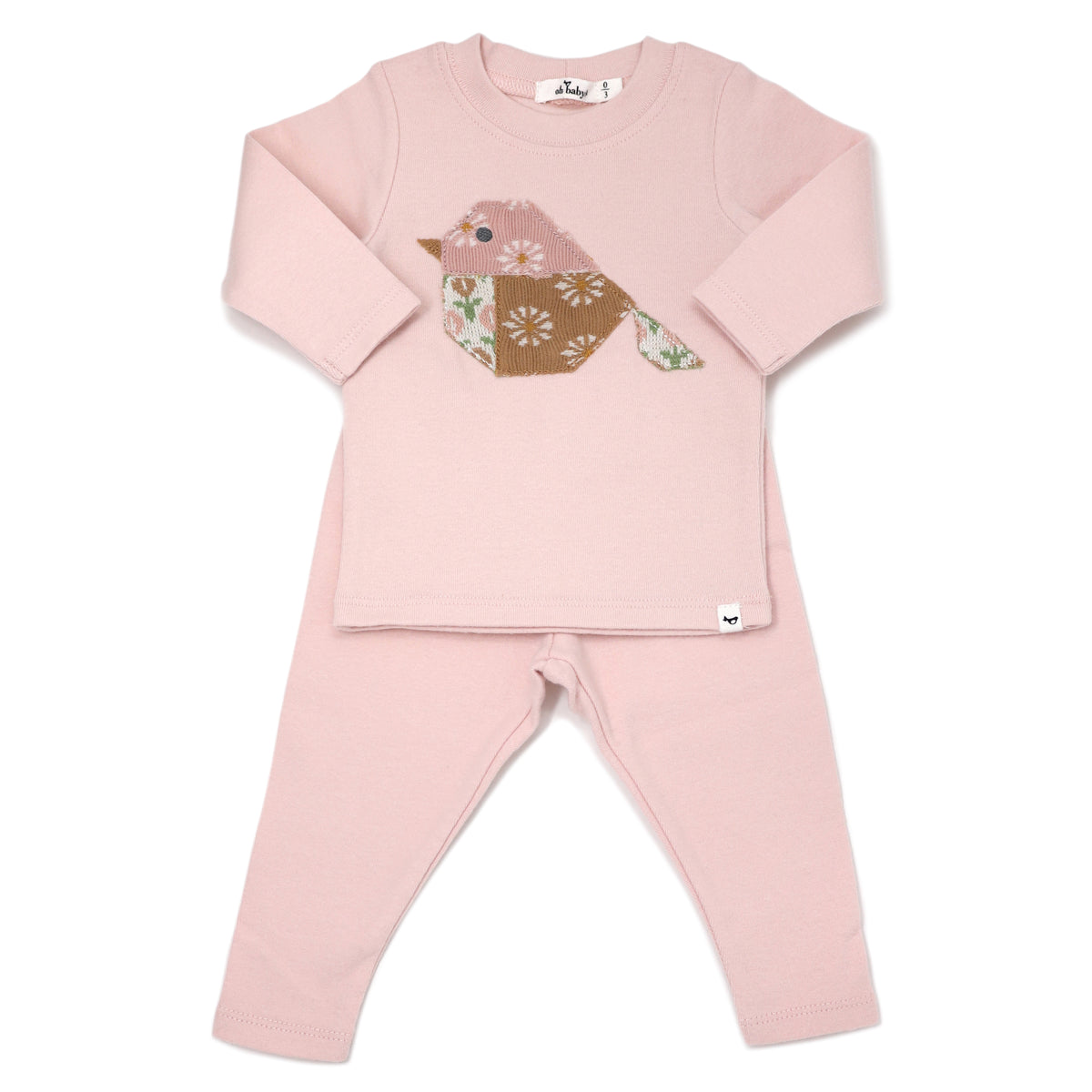 oh baby! Long Sleeve Two Piece Set - Quilted Bird Applique - Pale Pink