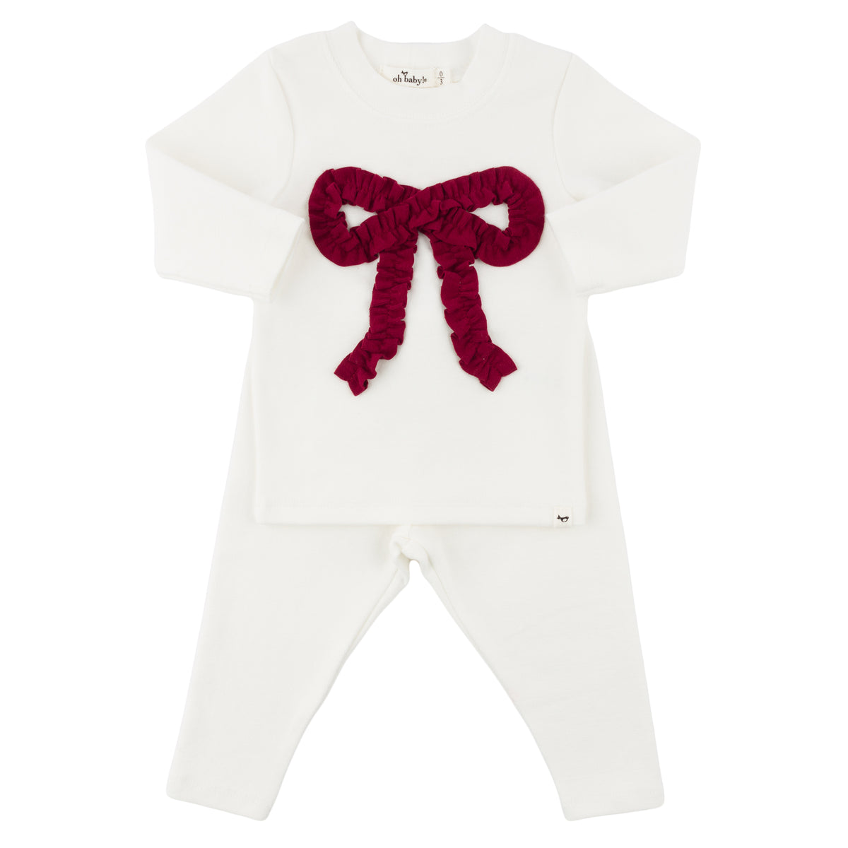 oh baby! Two Piece Set - Vintage Red Knit Ruffle Bow Applique - Cream