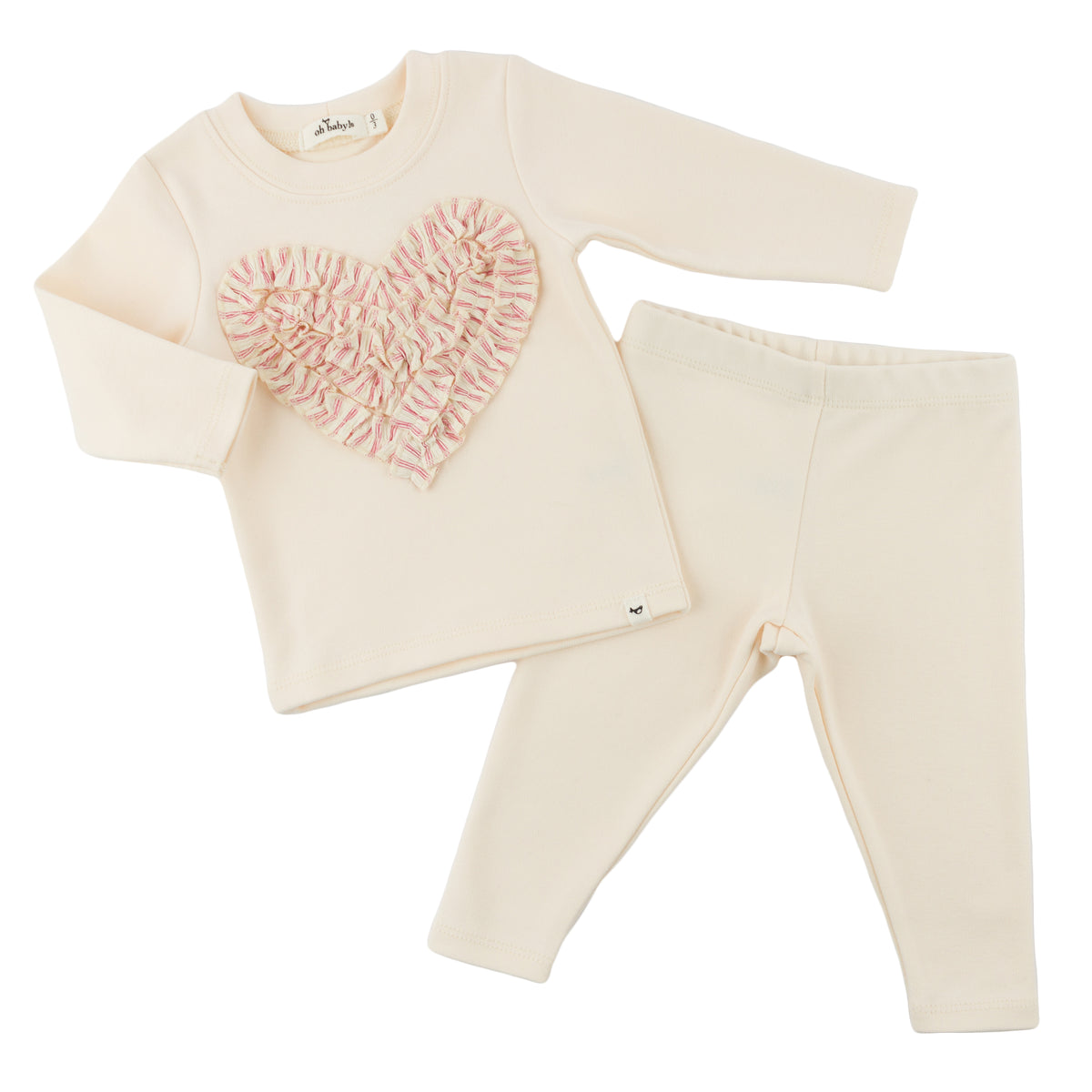 oh baby! Two Piece Set - Stripe Ruffle Heart Applique - Natural