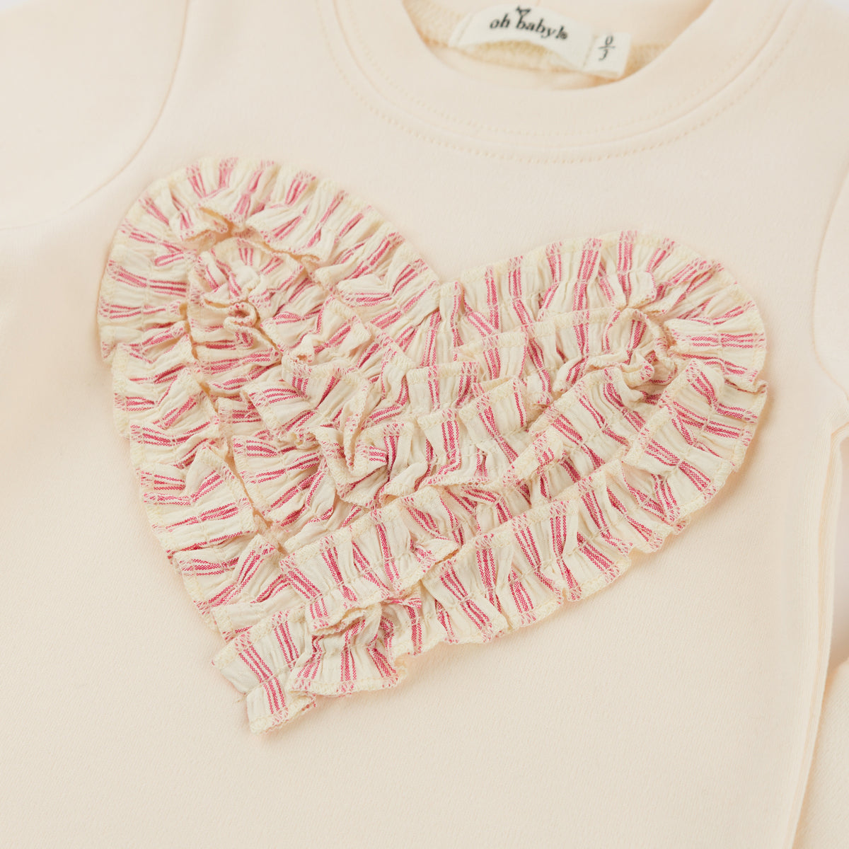 oh baby! Two Piece Set - Stripe Ruffle Heart Applique - Natural - Close Up