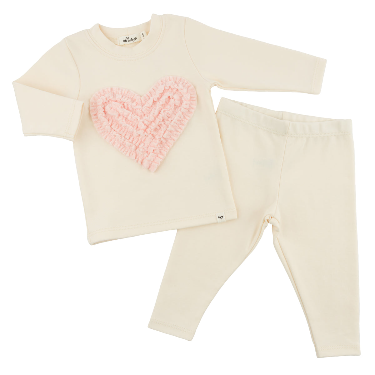 oh baby! Two Piece Set - Pink Terry Ruffle Heart Applique - Milk