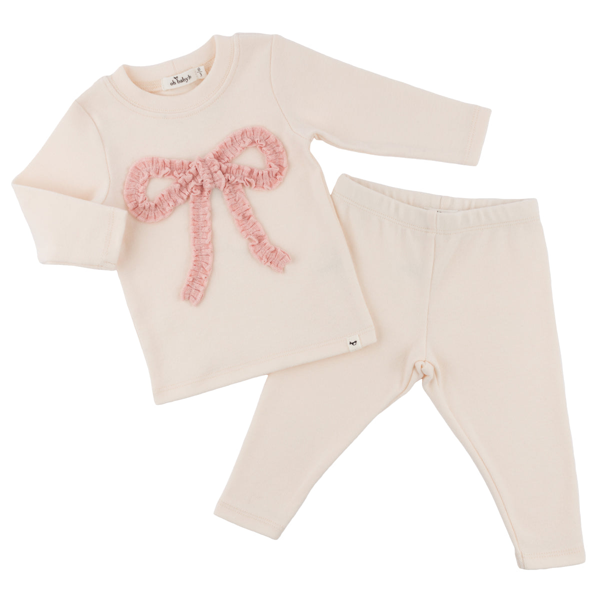 oh baby! Two Piece Set - Pink Rib Ruffle Bow - Natural - oh baby!