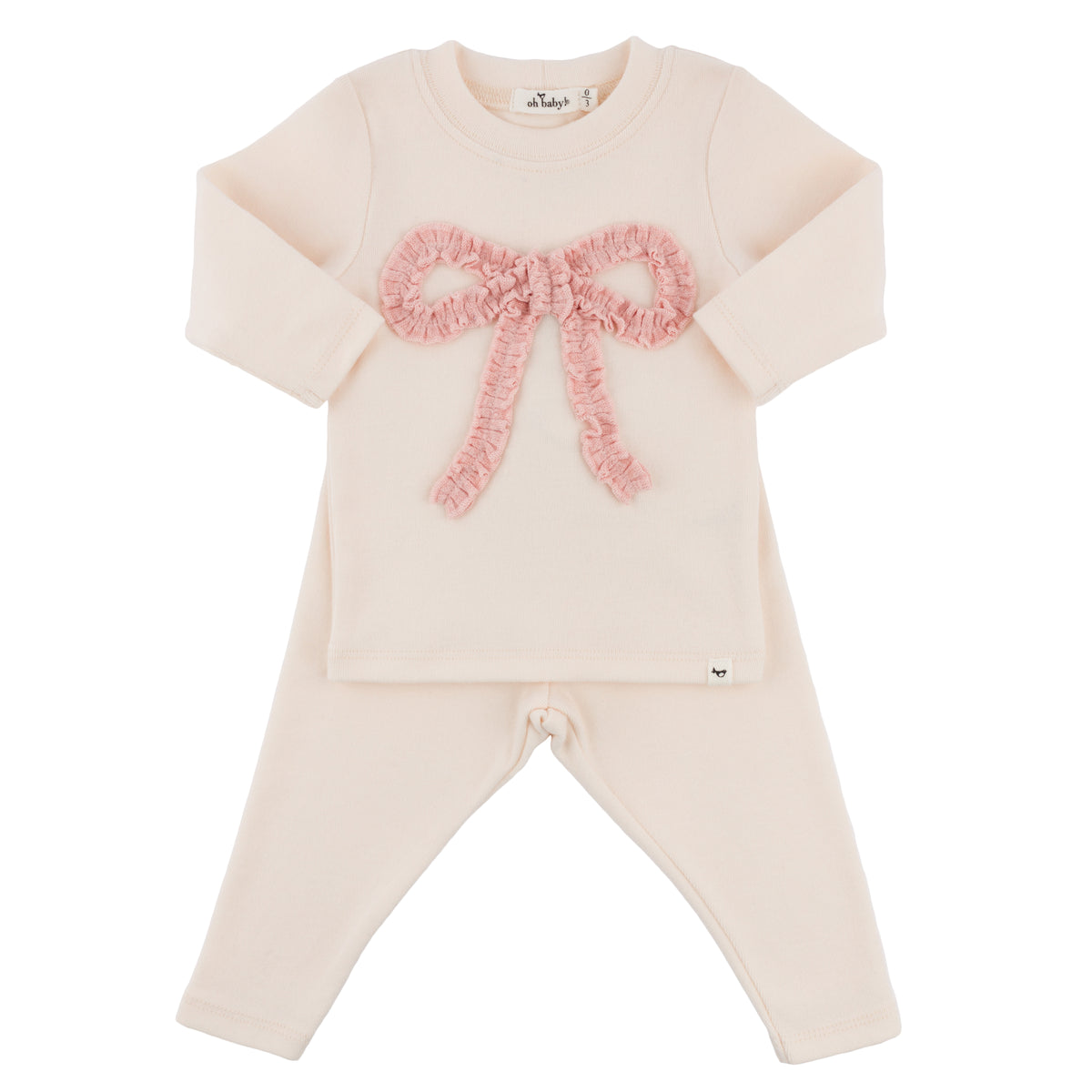 oh baby! Two Piece Set - Pink Rib Ruffle Bow - Natural - oh baby!