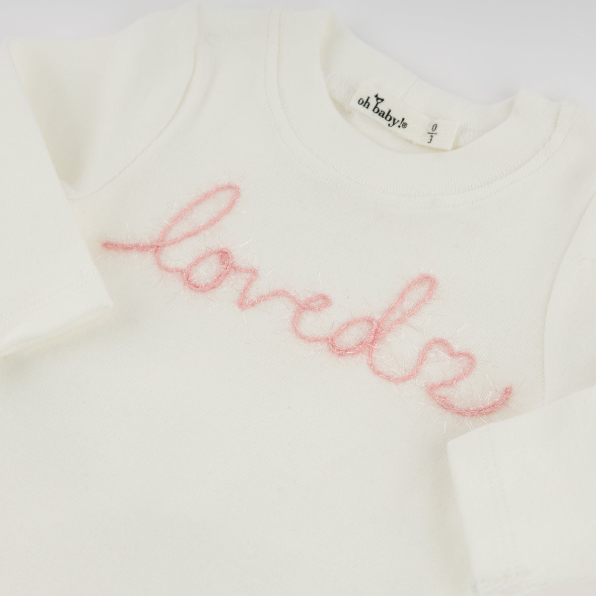 oh baby! Two Piece Set - "loved with heart" Pink Embroidered - Cream - Close Up