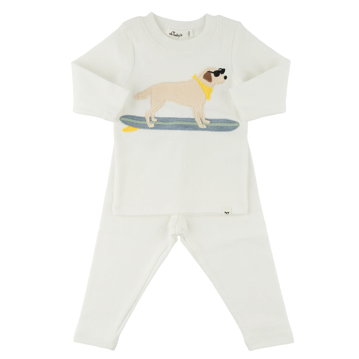 oh baby! Two Piece Set -Surfing Dog Applique - Cream