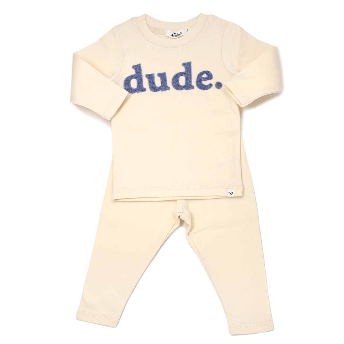 oh baby! Long Sleeve Two Piece Set Ribbed "dude" Applique  - Vanilla