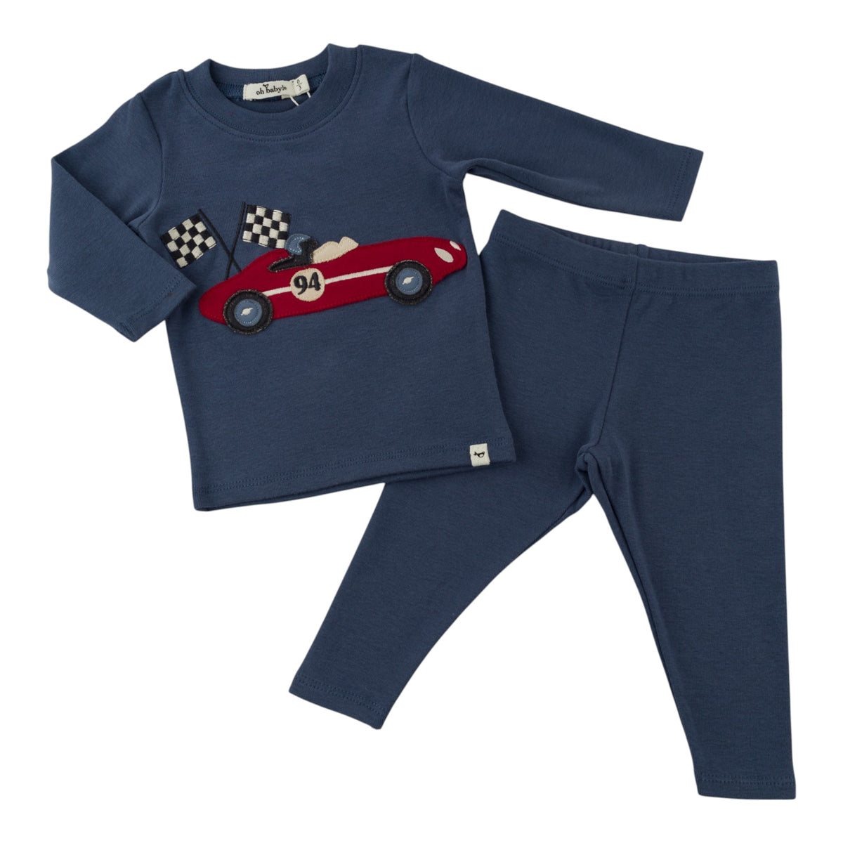 oh baby! Two Piece Set - Race Car with Flags Applique - Denim - Separates
