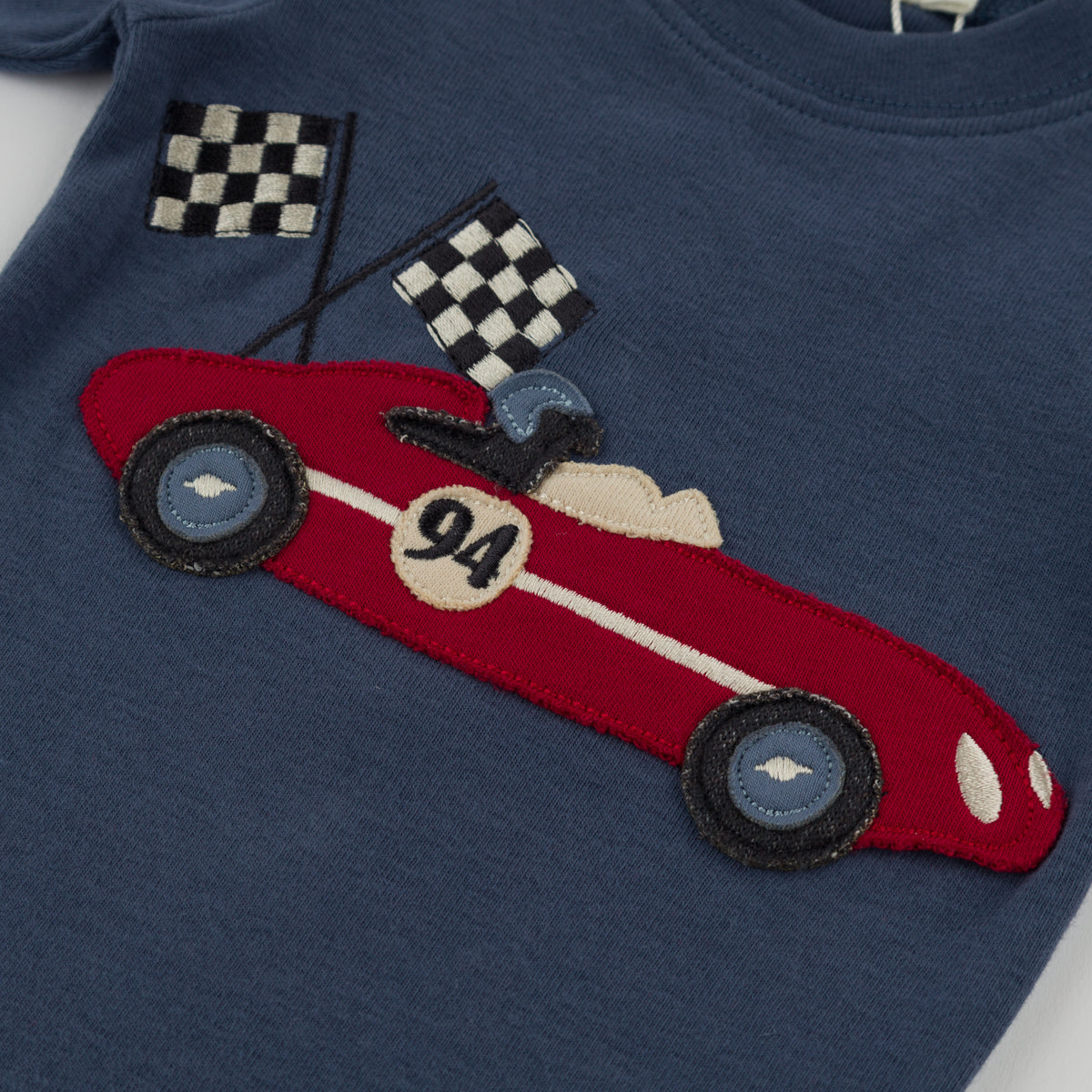 oh baby! Two Piece Set - Race Car with Flags Applique - Denim - Close Up