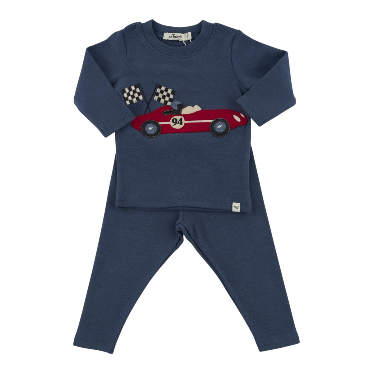 oh baby! Two Piece Set - Race Car with Flags Applique - Denim