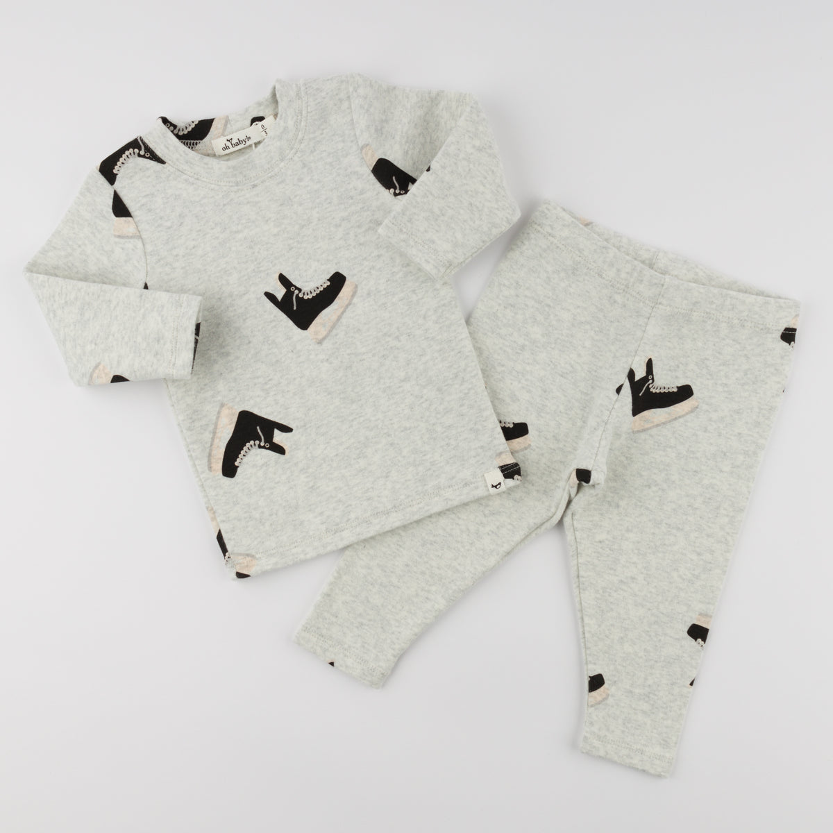 oh baby! Long Sleeve Two Piece Set - Hockey Skates Print - Heather Gray - Flat Lay