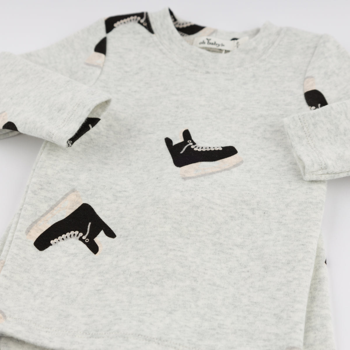 oh baby! Long Sleeve Two Piece Set - Hockey Skates Print - Heather Gray - Close-Up