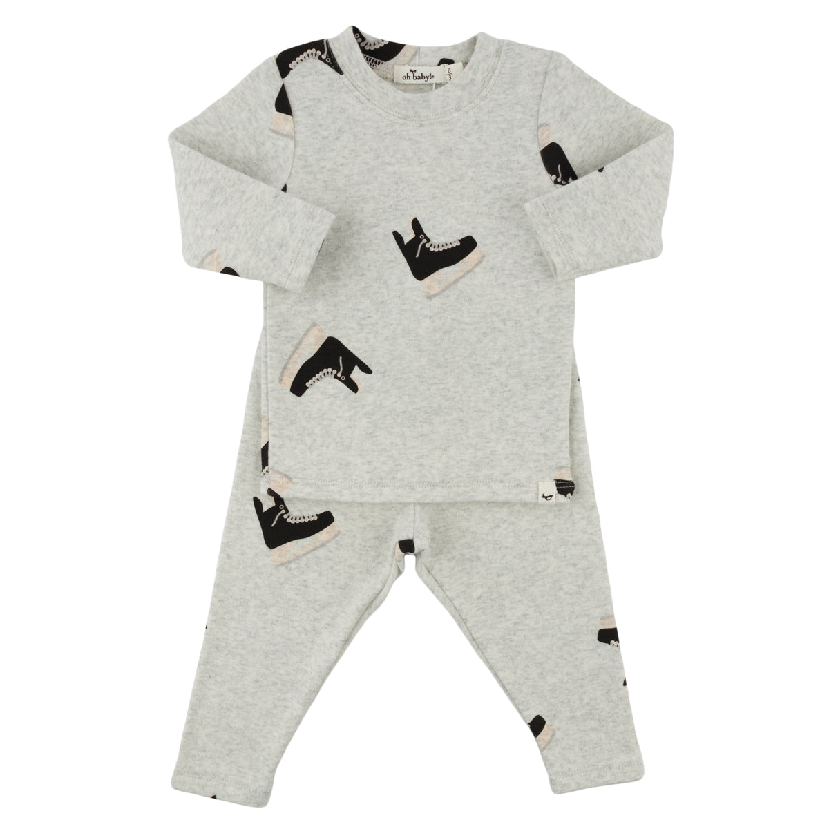 oh baby! Long Sleeve Two Piece Set - Hockey Skates Print - Heather Gray