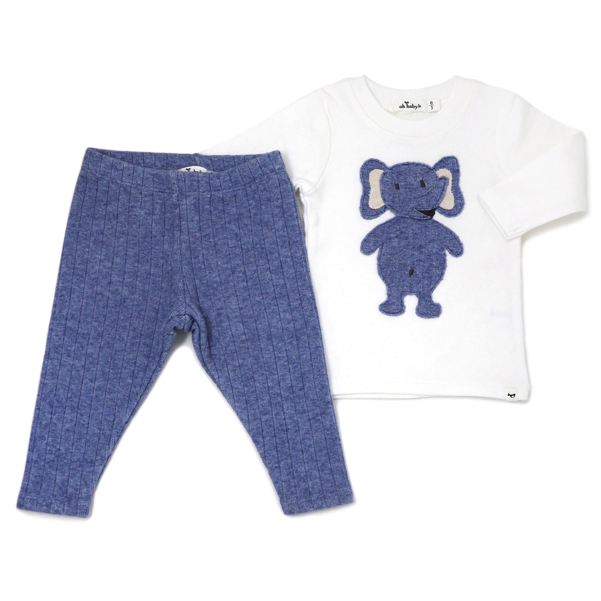 oh baby! Long Sleeve Two Piece Set -  Ragdoll Elephant Blue Heather Ribbed Knit - Cream