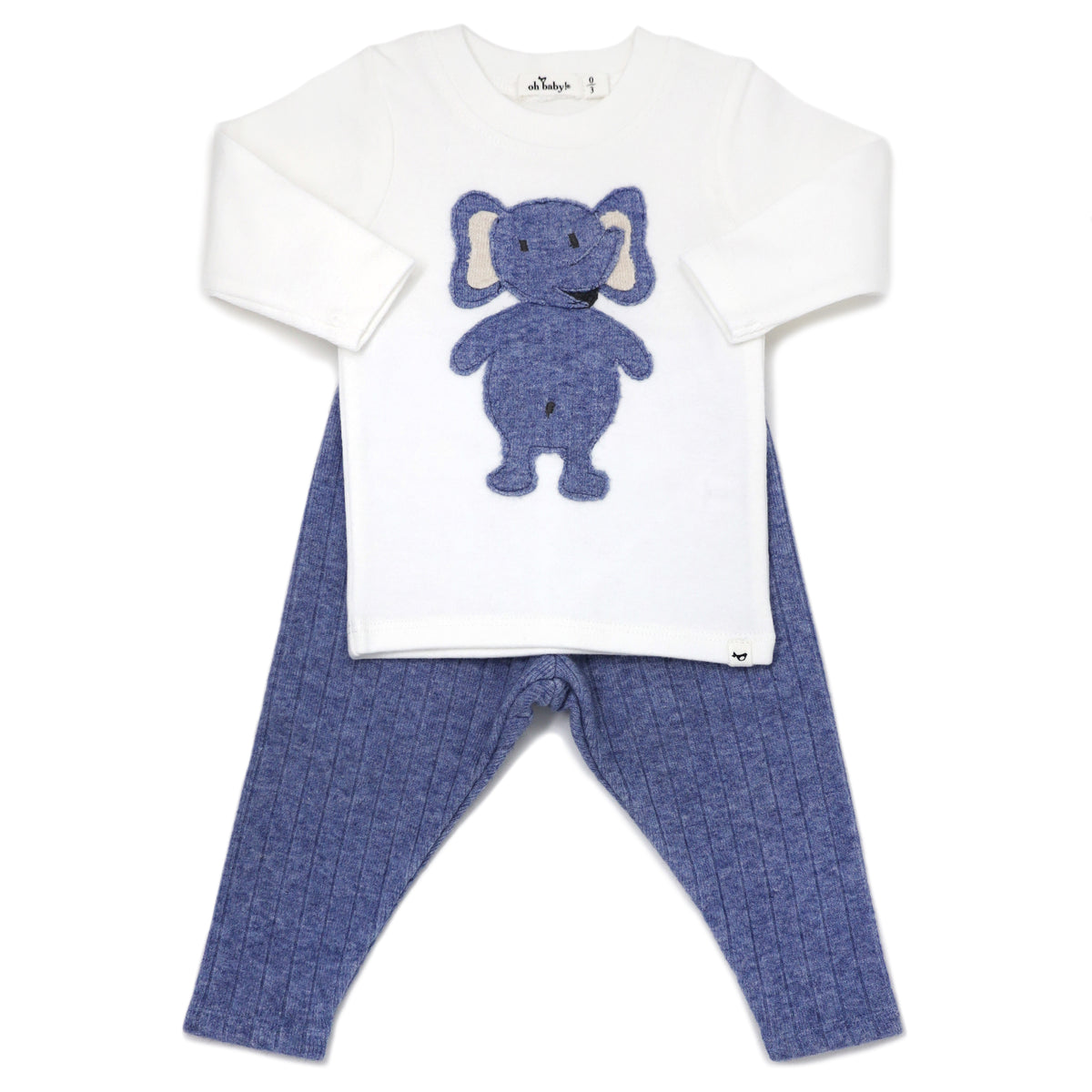 oh baby! Long Sleeve Two Piece Set -  Ragdoll Elephant Blue Heather Ribbed Knit - Cream