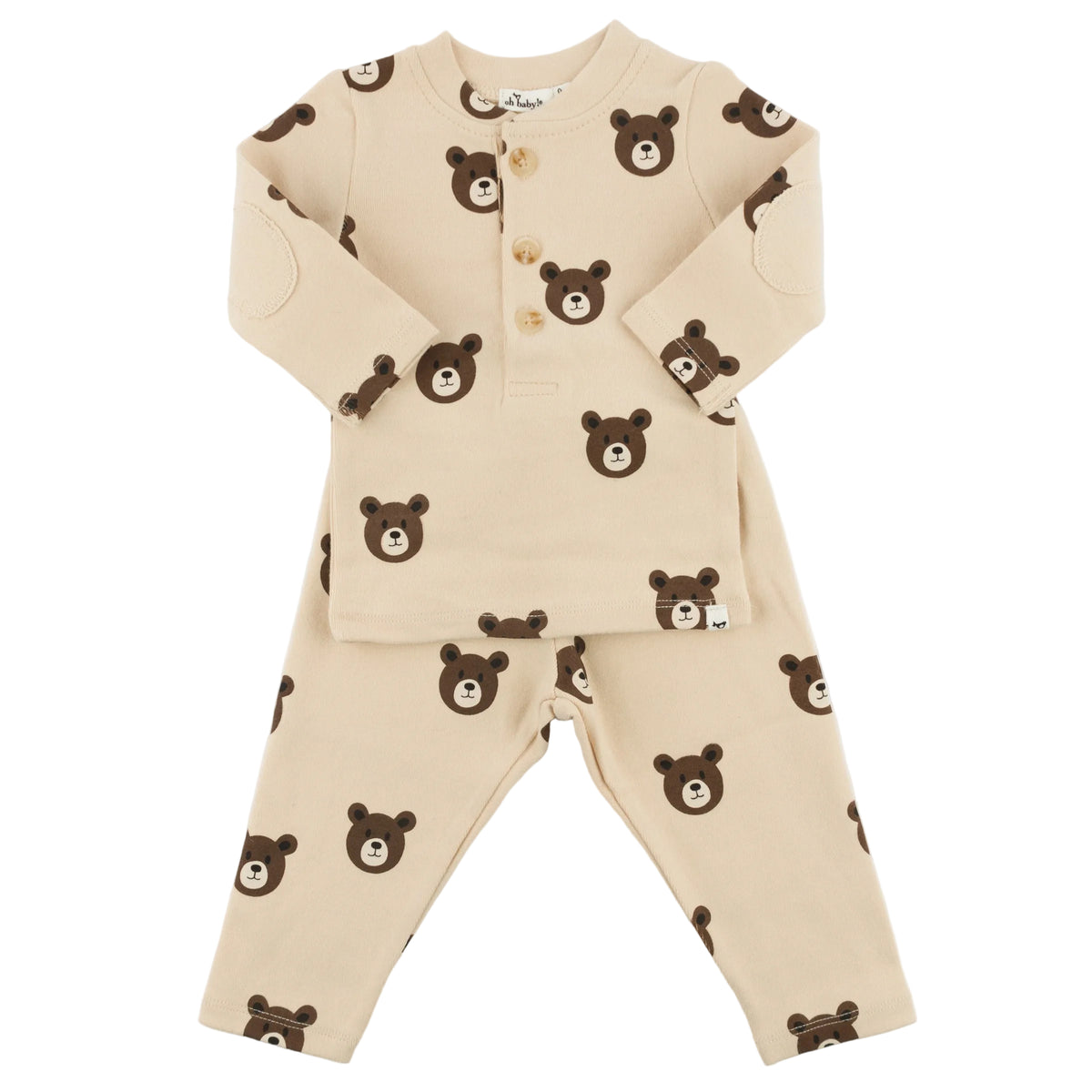 oh baby! Two Piece Henley Set - Bear Faces - Shortbread