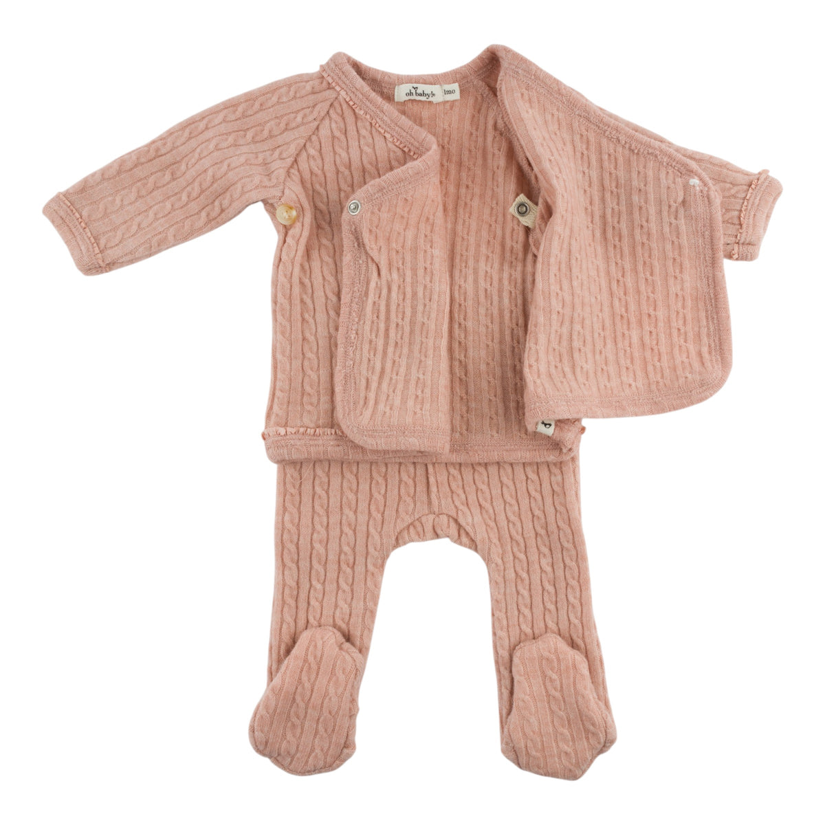 oh baby! Cloud Cable Knit Ruffle Kimono Footies Set - Pale Pink - Open