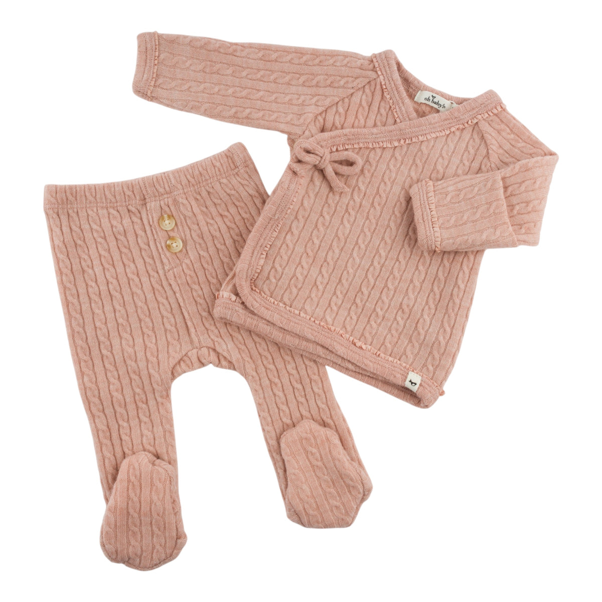 oh baby! Cloud Cable Knit Ruffle Kimono Footies Set - Pale Pink - Front