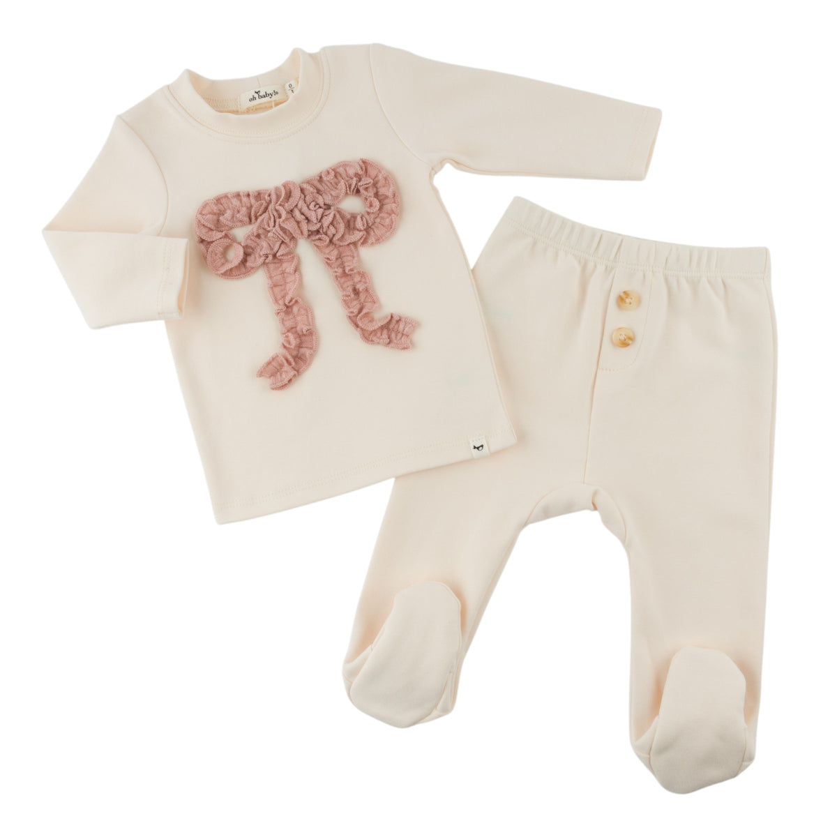 oh baby! Two Piece Footie Set - Blush Mini Cable Ruffle Bow - Sugar Cookie - Separates