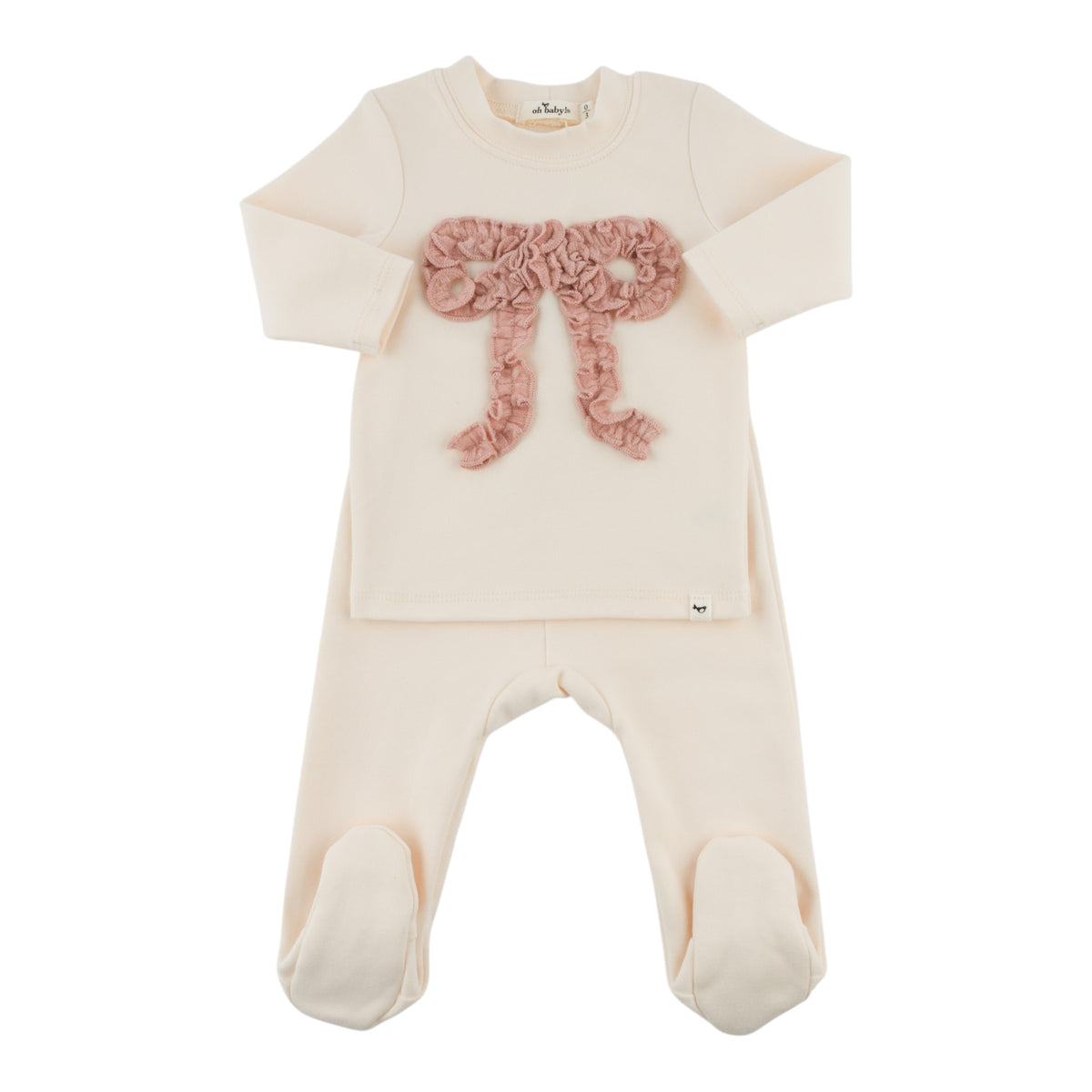 oh baby! Two Piece Footie Set - Blush Mini Cable Ruffle Bow - Sugar Cookie