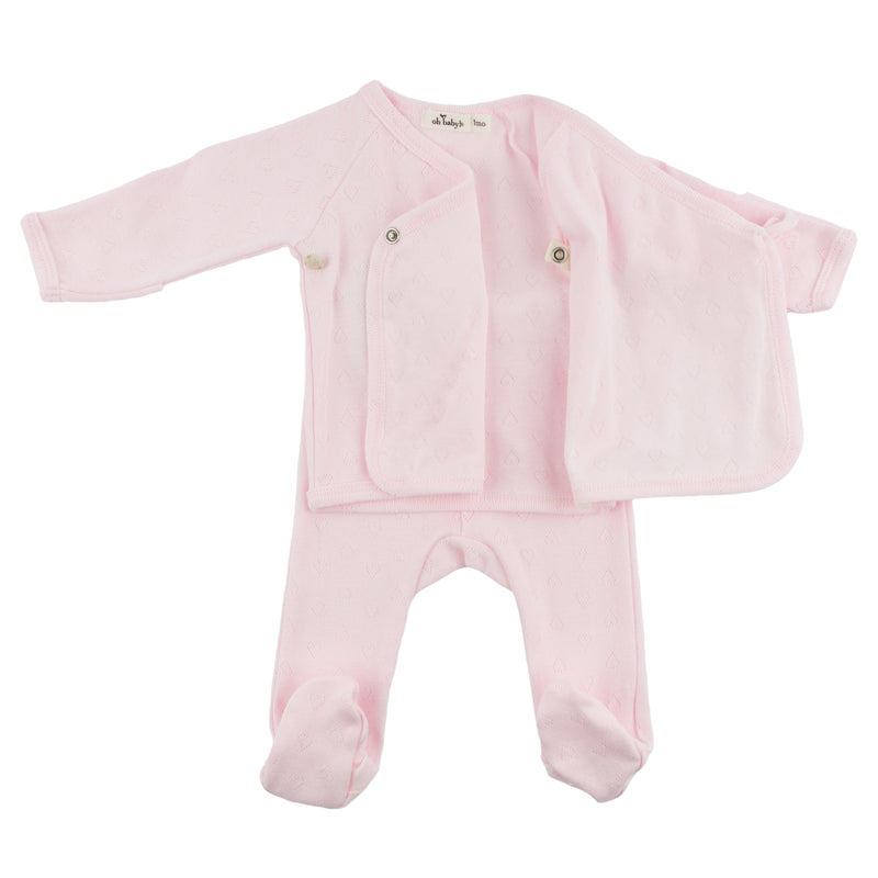 oh baby! Kimono Footie Set with Bow - Hearts Pointelle - Pale Pink - Open