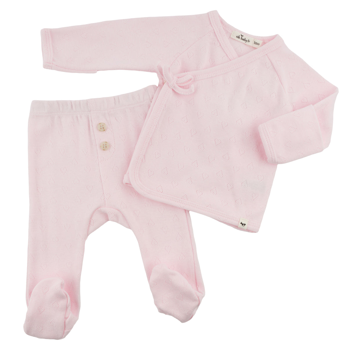 oh baby! Kimono Footie Set with Bow - Hearts Pointelle - Pale Pink - Alternative VIew