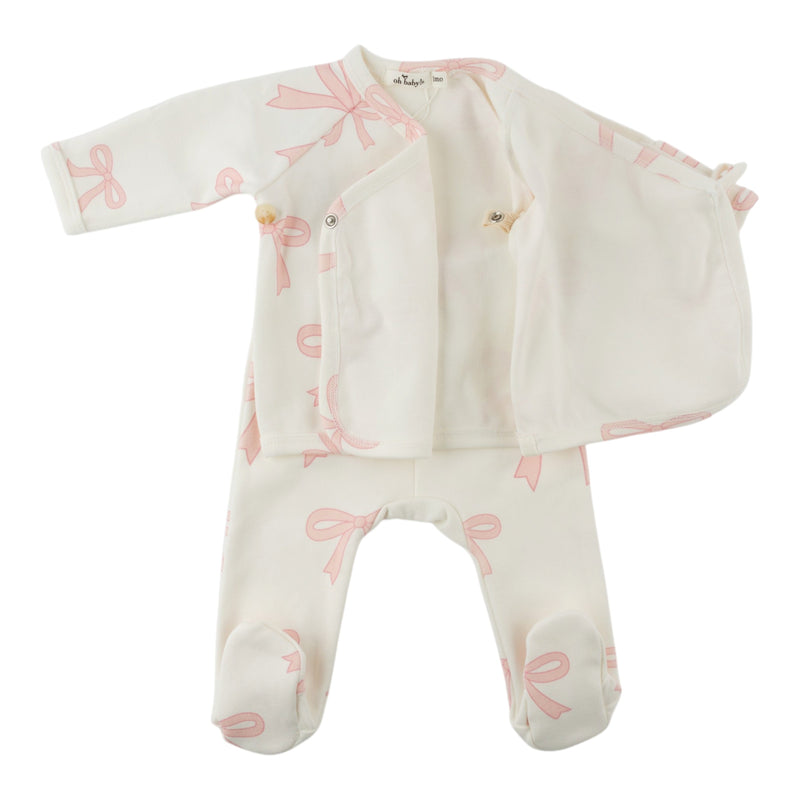 oh baby! Kimono Footie Set with Bow - Bows - Oyster - Open