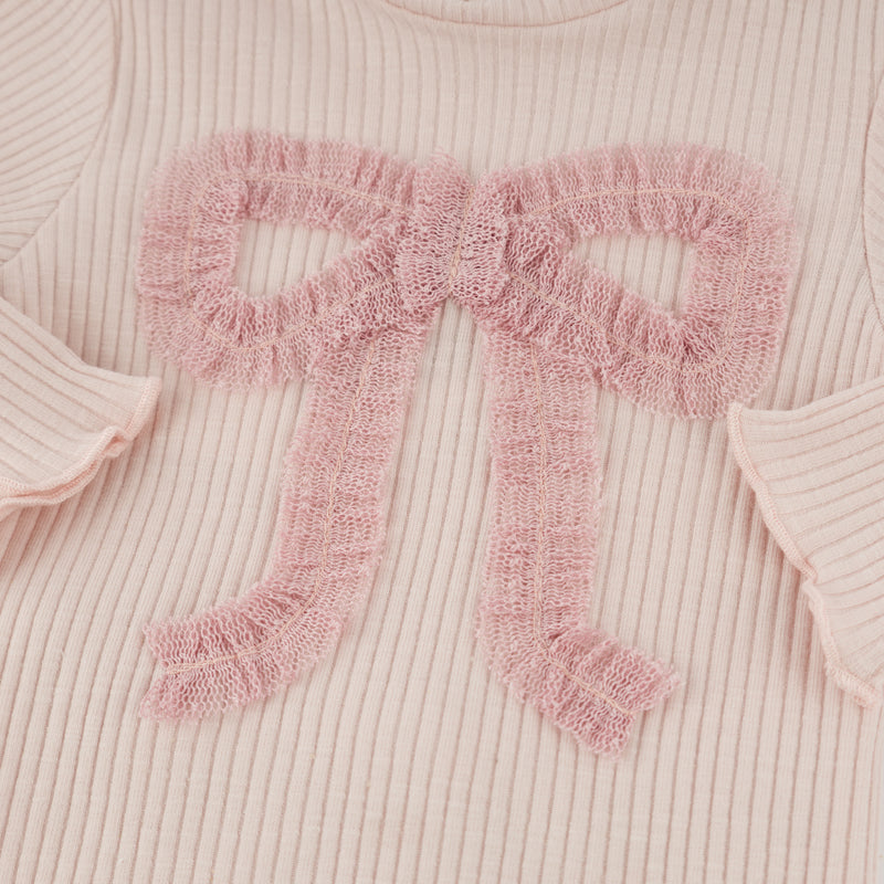 oh baby! Two Piece Lettuce Edge Set - Ruffle Bow - Dusty Pink - Close Up