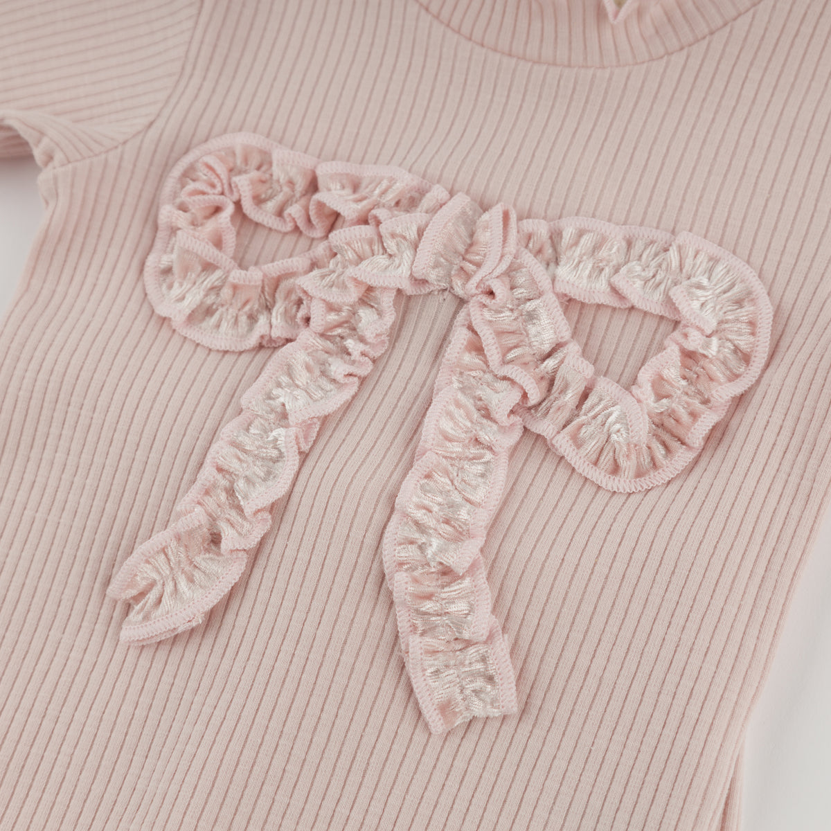 oh baby! Mock Neck Two Piece Set - Velvet Ruffle Bow - Dusty Pink - Applique Close Up
