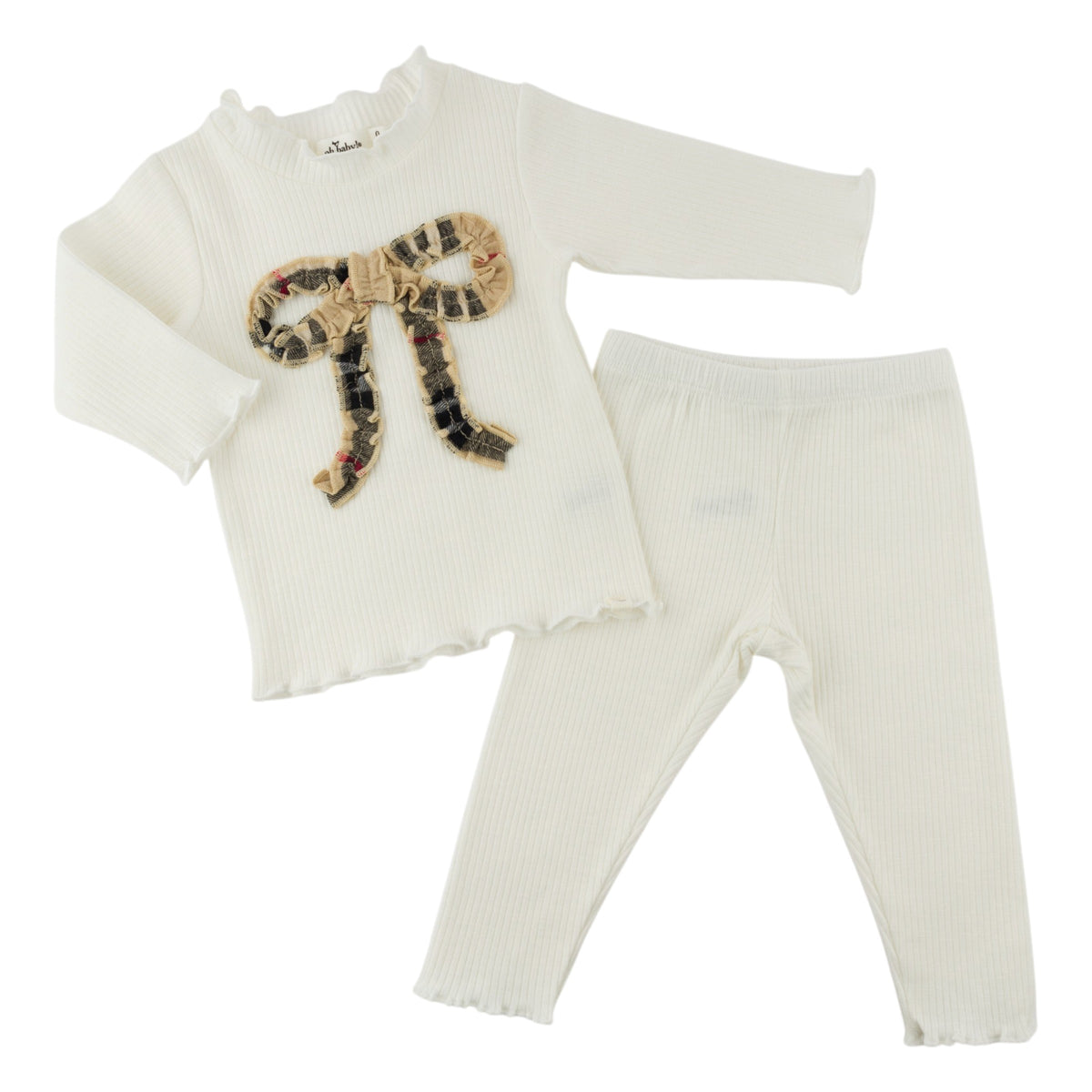 oh baby! Mock Neck Two Piece Set - Mini Tartan Classic Ruffle Bow - Cream - Separates