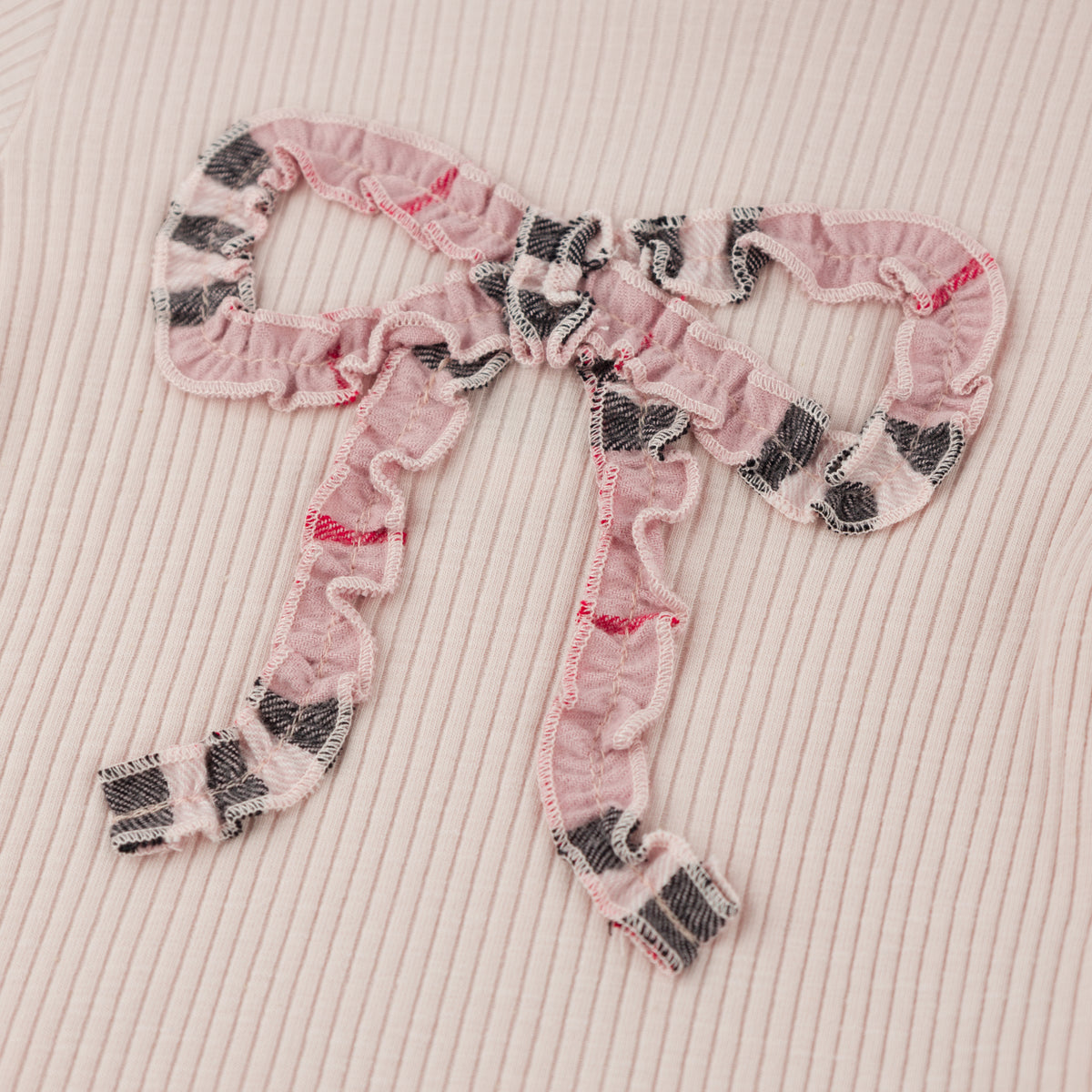oh baby! Two Piece Mock Neck Set - Pink Tartan Ruffle Bow - Dusty Pink - Close