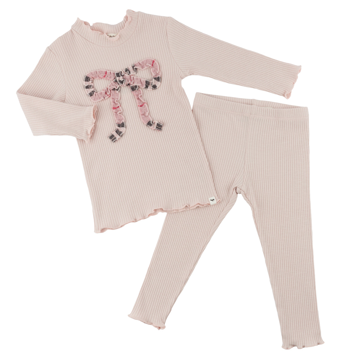 oh baby! Two Piece Mock Neck Set - Pink Tartan Ruffle Bow - Dusty Pink - Flat Lay