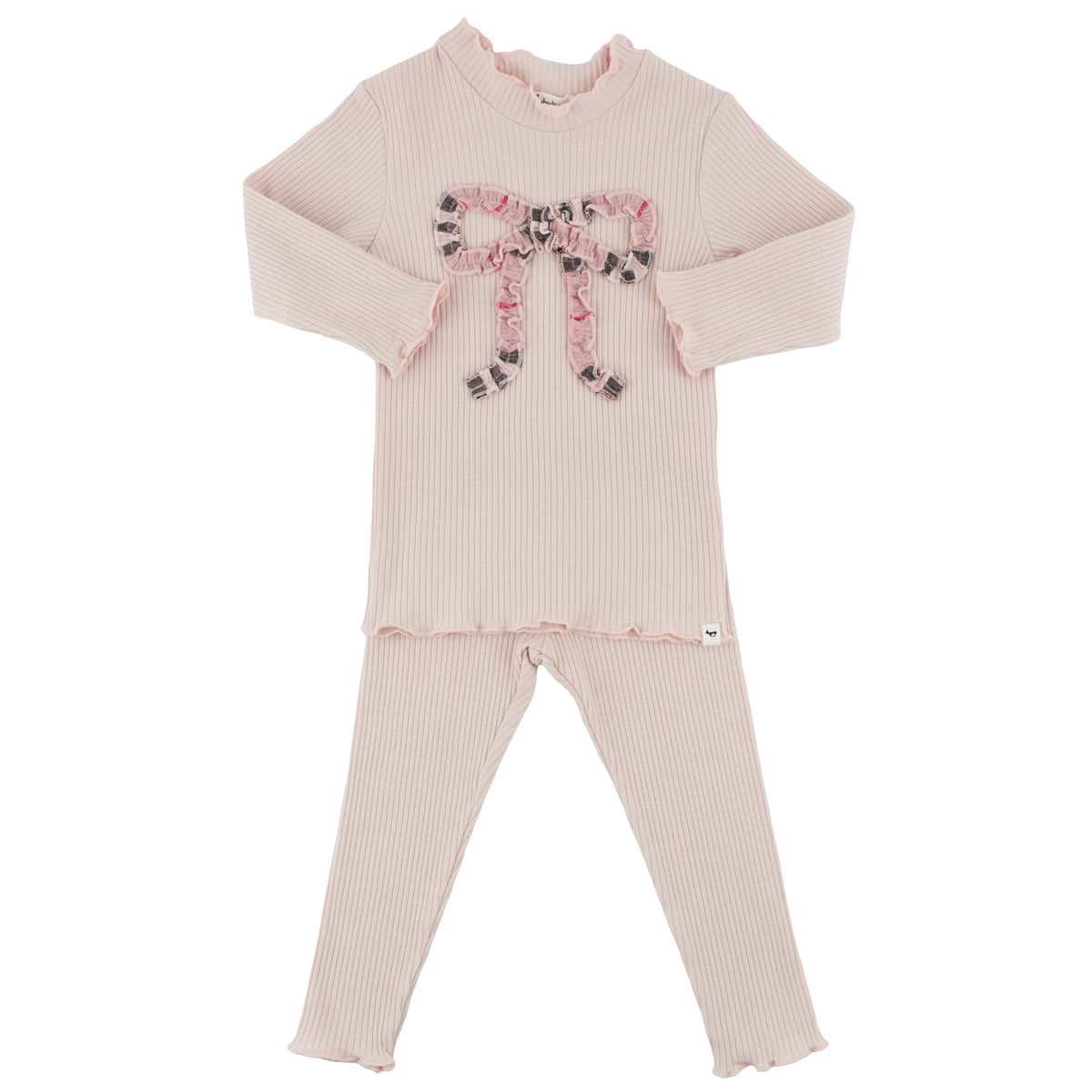 oh baby! Two Piece Mock Neck Set - Pink Tartan Ruffle Bow - Dusty Pink