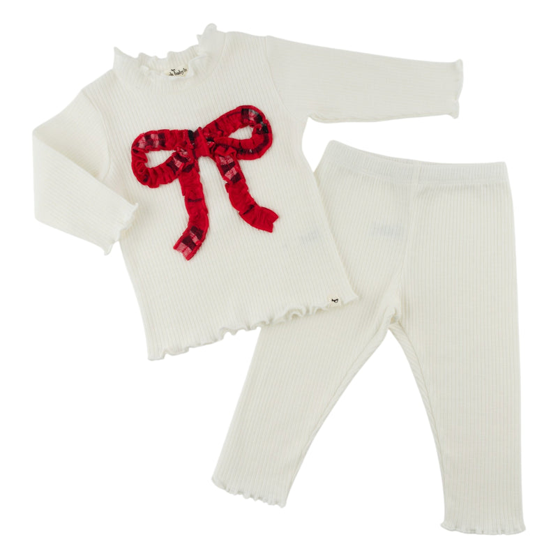 oh baby! Mock Neck Two Piece Set - Mini Tartan Red Ruffle Bow - Cream - Separates