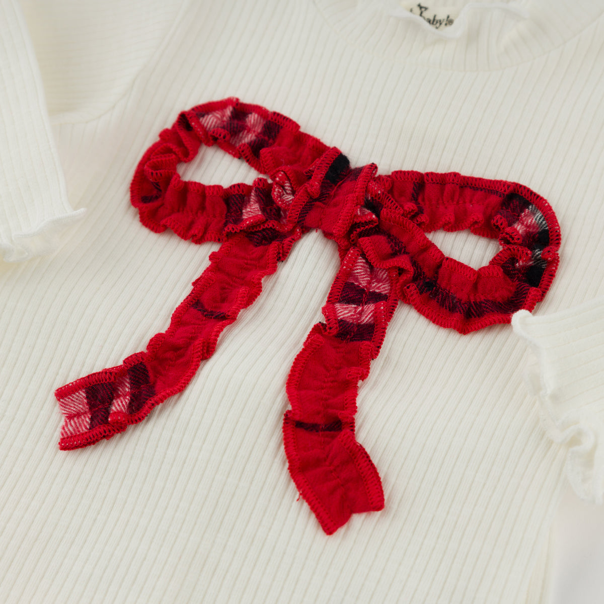 oh baby! Mock Neck Two Piece Set - Mini Tartan Red Ruffle Bow - Cream - Ruffle Bow