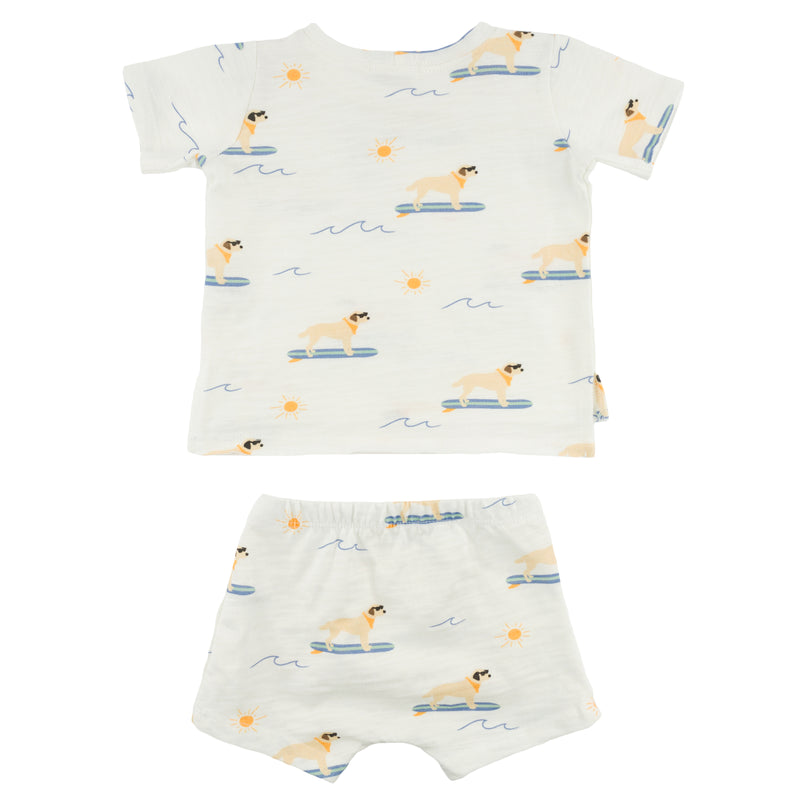 oh baby! Raw Edge Tee & Shorts Set - Surfing Dog Print - Oyster - Back