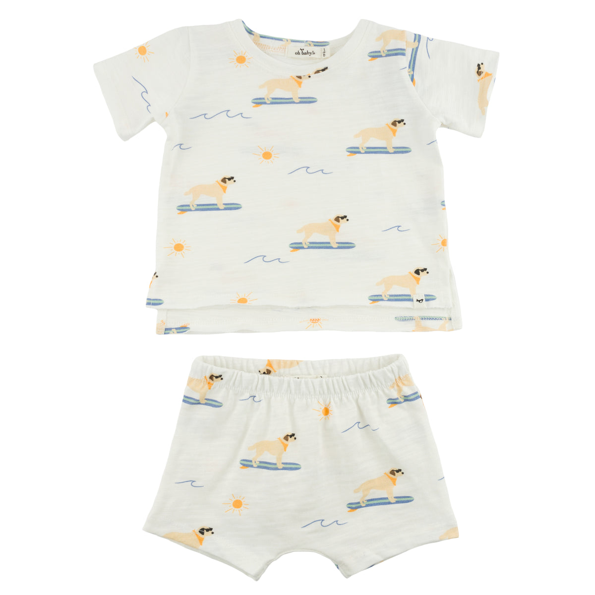 oh baby! Raw Edge Tee & Shorts Set - Surfing Dog Print - Oyster