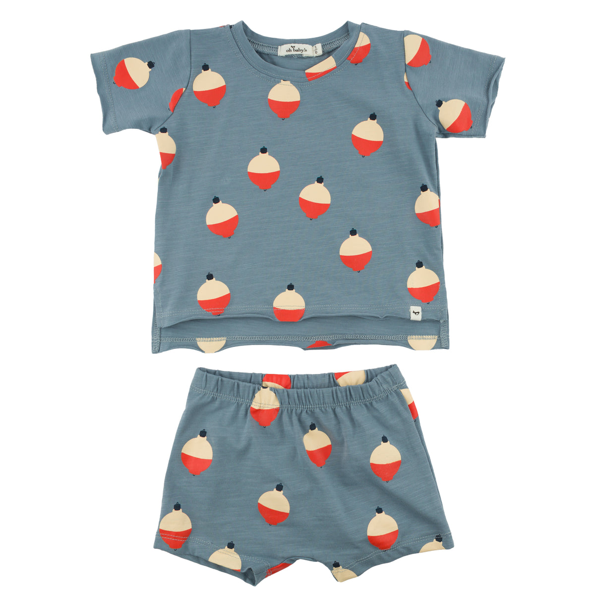 oh baby! Raw Edge Tee & Shorts Set - Bobbers Print - Fog