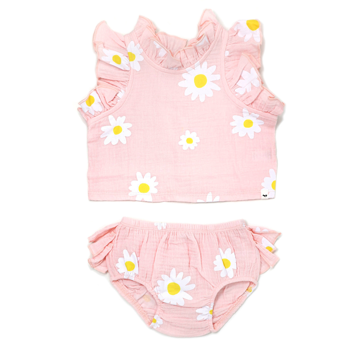 oh baby! Cotton Slub Lola Top & Tushie Set - White Daisy Print - Pale Pink Heather