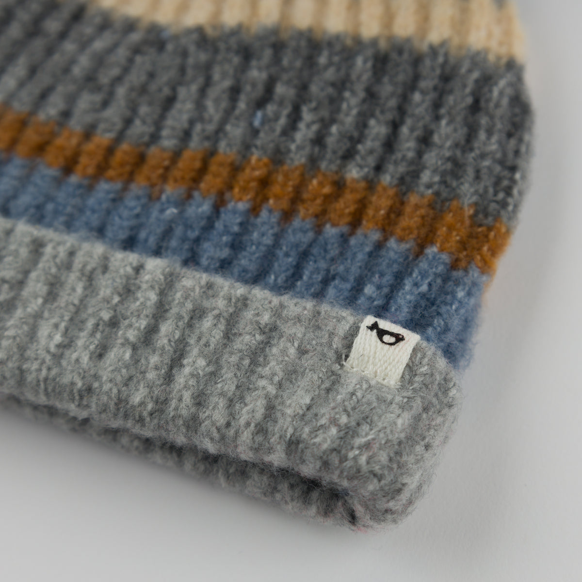 oh baby! Scandi Pom Hat - Multi Stripe - Dusty Blue - Cuff - Logo